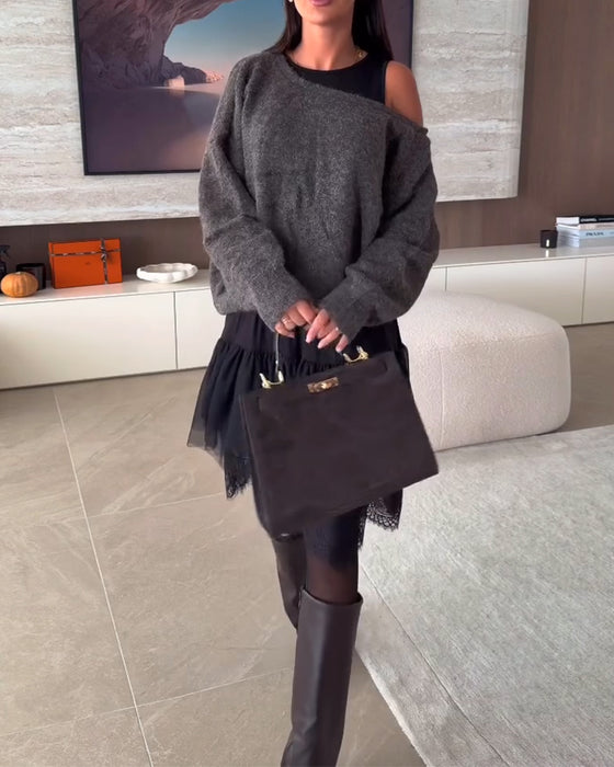 Off-Shoulder Locker Pullover & Spitzensaum Kleid