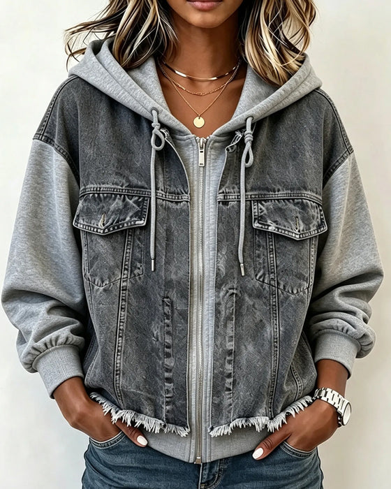 Mantel Denim Patchwork Mit Kapuze Sweatshirt