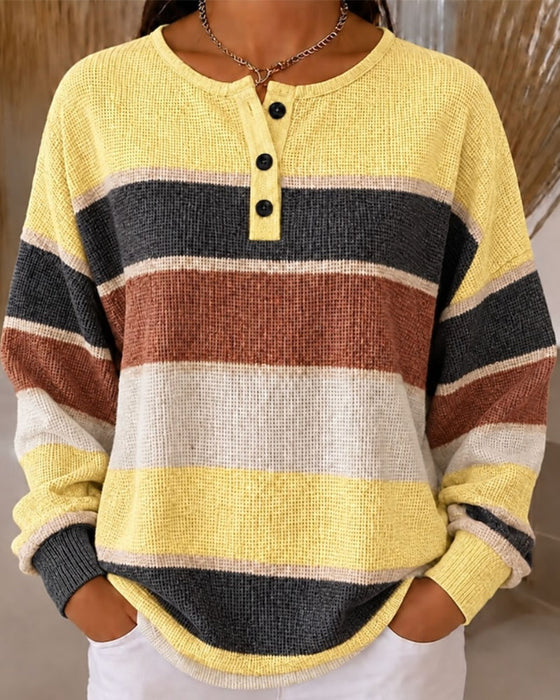 Sweatshirt Rundhals Geknöpft Kontrast Gestreift