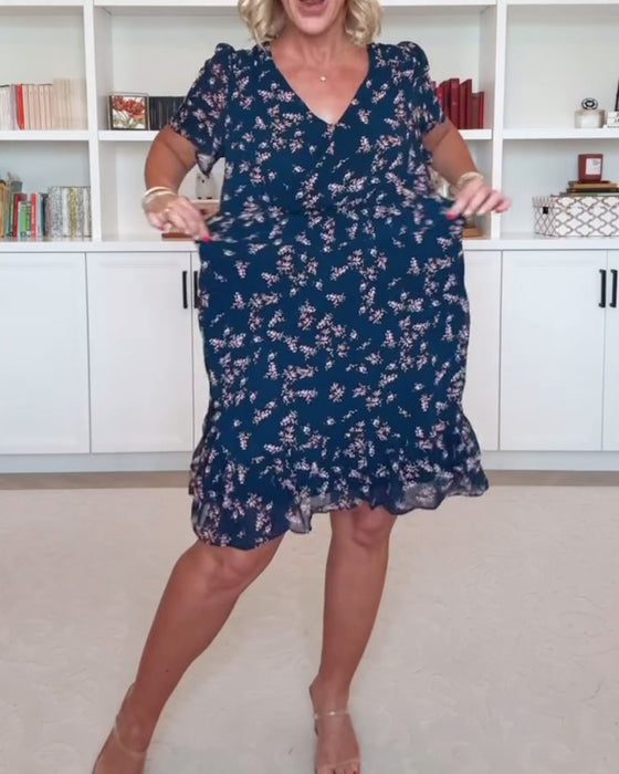 Kleid Puffärmel V-ausschnitt Taille