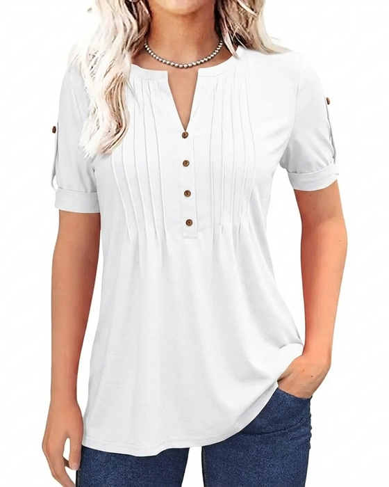 T-Shirt Plissiert Henley Kurzer Ärmel