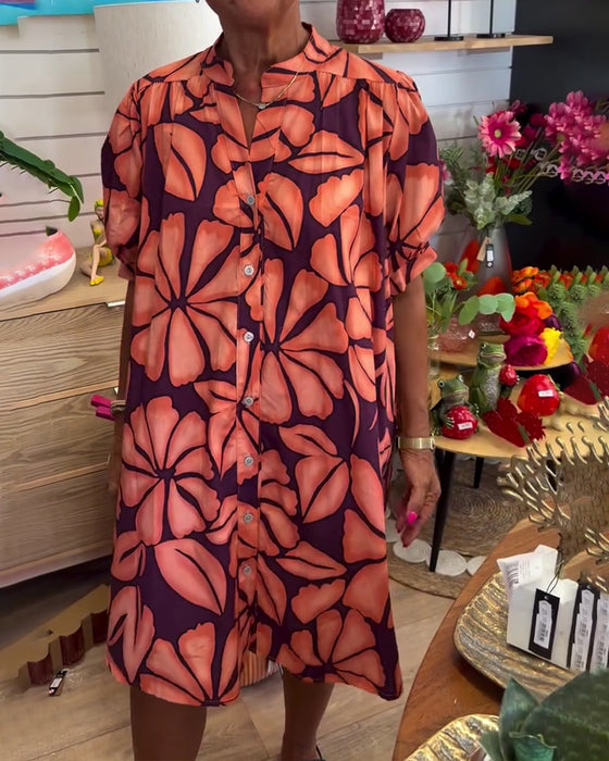 Kleid Puffärmel Blumig Stehkragen Hemd