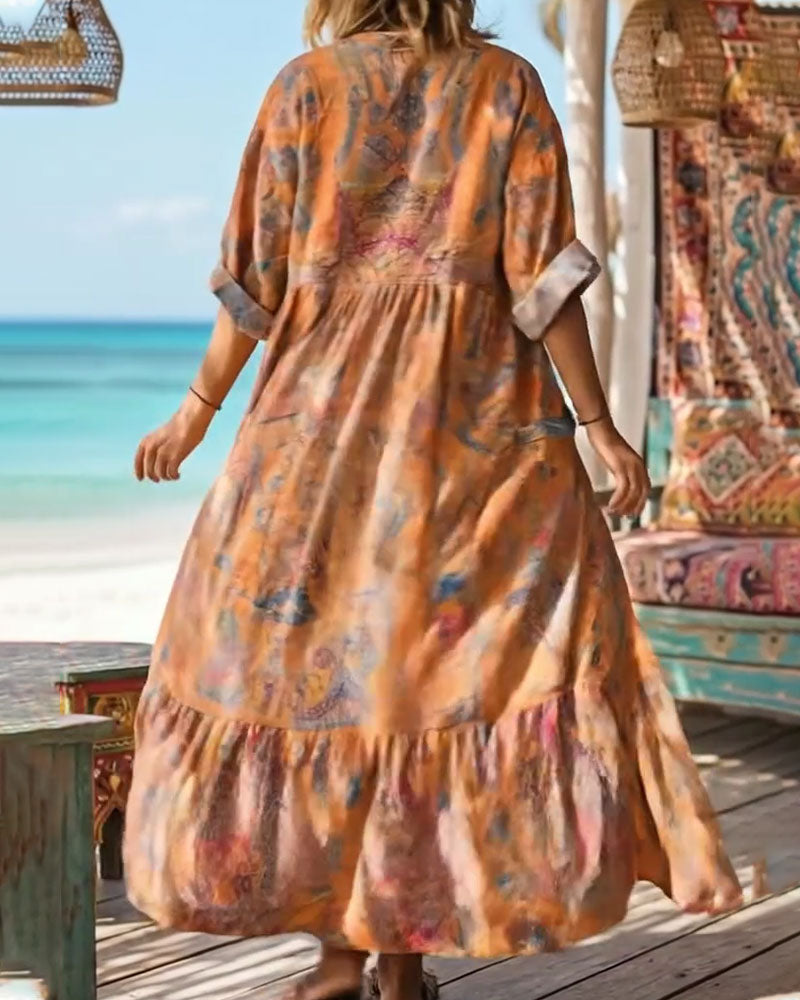 Kleid Retro Blumendruck V-Ausschnitt Maxi