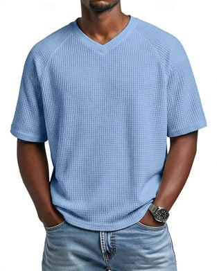 Herren-V-Ausschnitt-Shirt In Waffelstruktur, Lässiges Kurzarm-Oberteil In Unifarbe