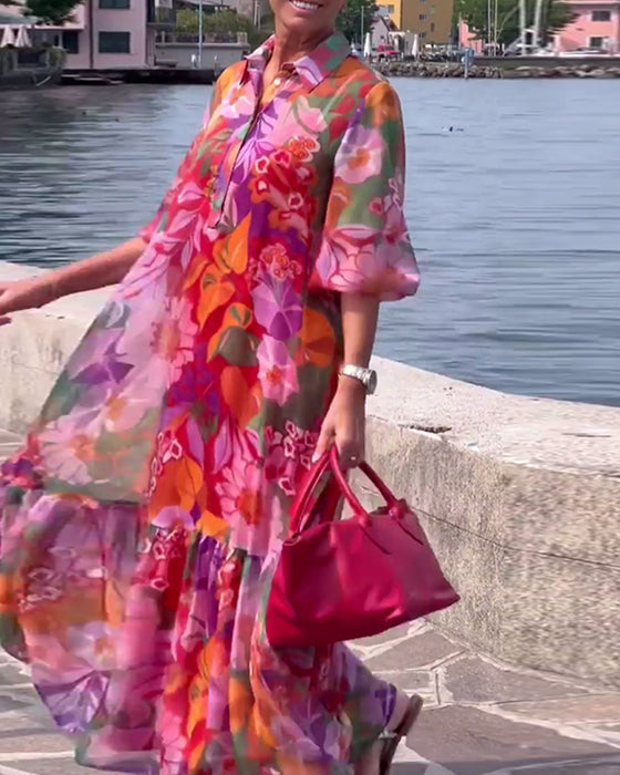 Kleid bunt bedruckt Laternenärmel locker