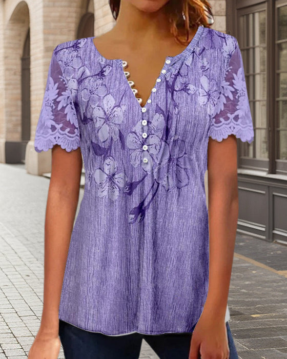 Bluse mit Spitzeneinsatz Rundhalsausschnitt bedruckt