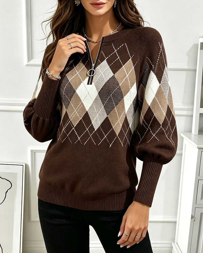 Pullover Karomuster Jacquard Halb-Zip Laternenärmel