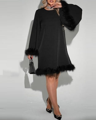 Kleid Glockenärmel Pelz Patchwork Locker