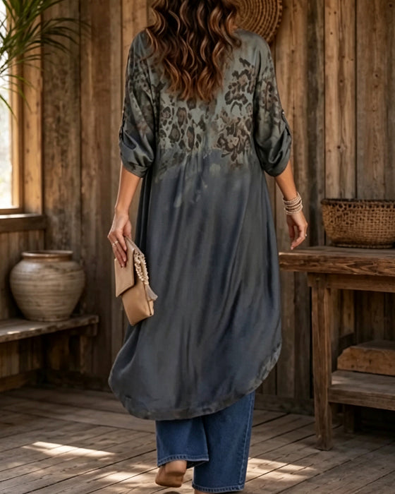 Bluse Runder Ausschnitt Leopard Druck Farbverlauf Asymmetrisch