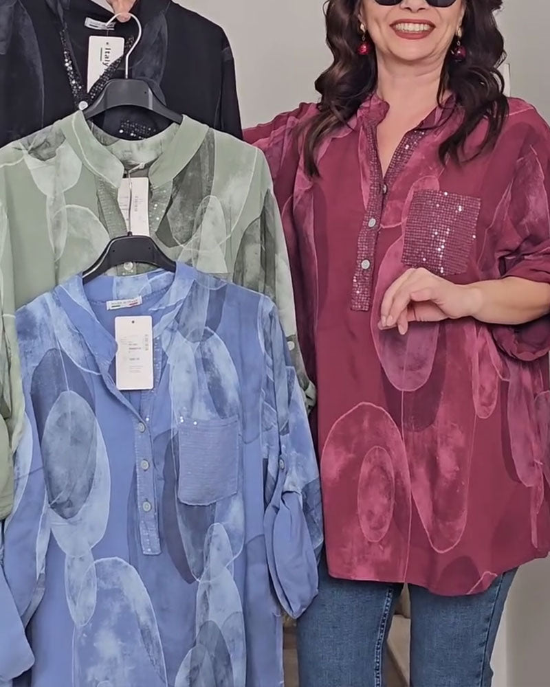 Bluse Knopfleiste bedruckt Tasche