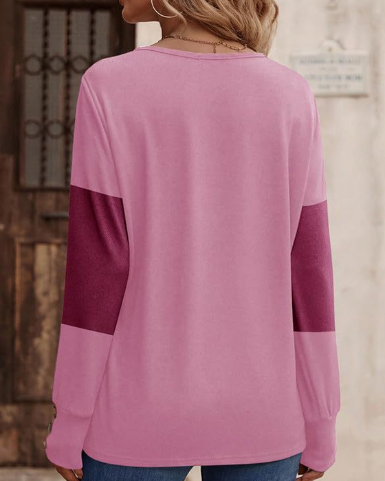 T-Shirt Damen Colorblock Druck Knopf Deko Fallende Schulter