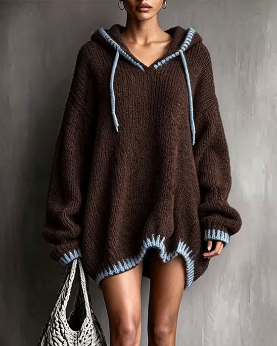 Strickkleid Kontrast Kordelzug Kapuze