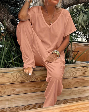 Jumpsuit V-Ausschnitt Kurzarm Weites Bein