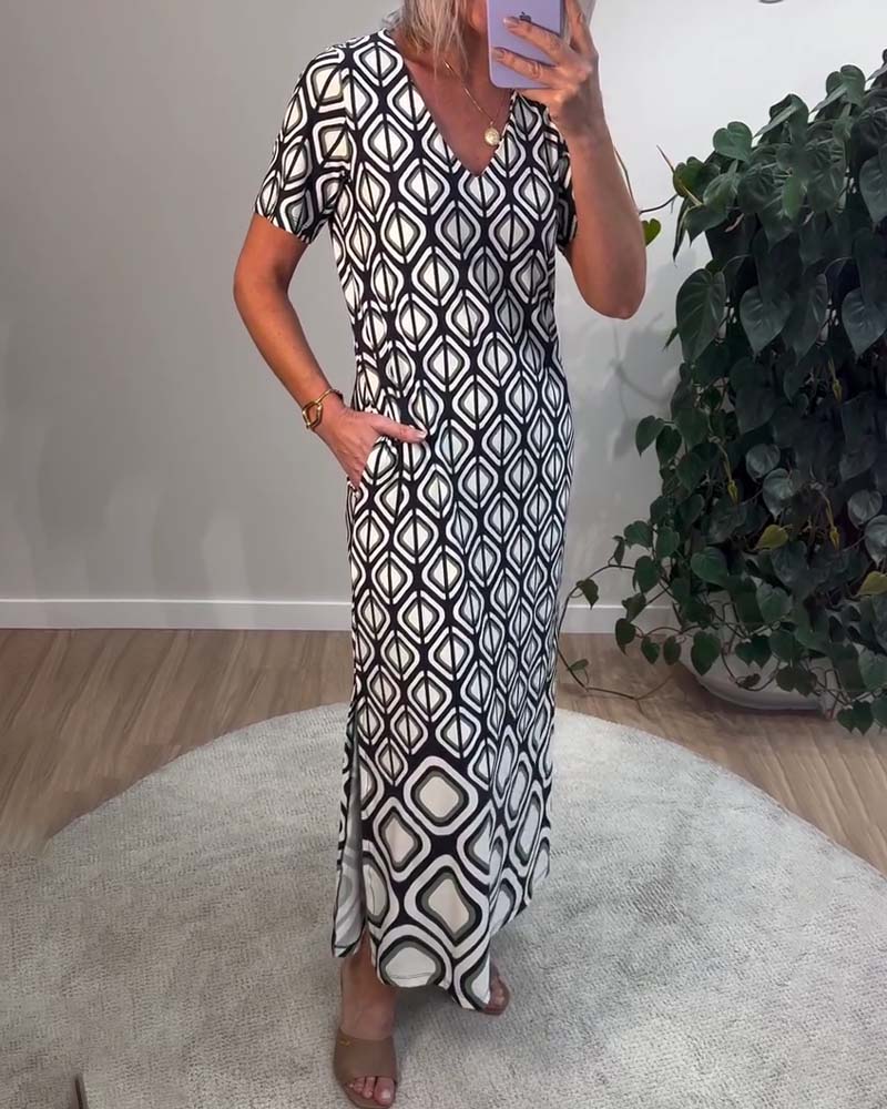 Kleid V-Ausschnitt Geometrisch Kurzärmlig