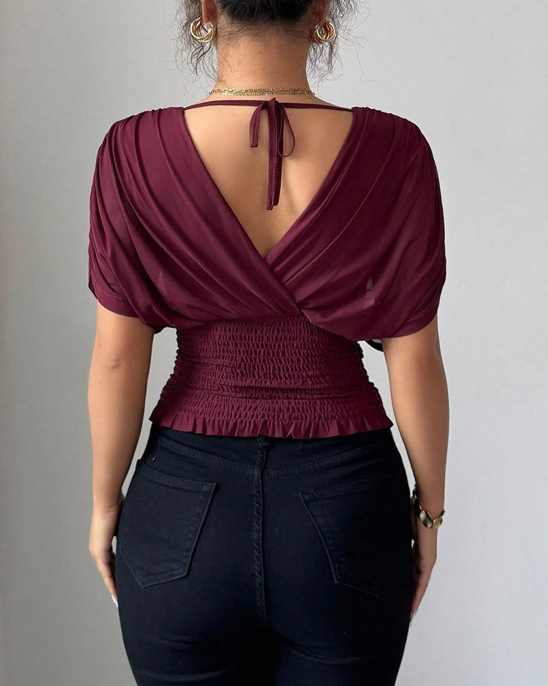Bluse Uni Farbe Tiefer V-Ausschnitt Taille Kurzarm
