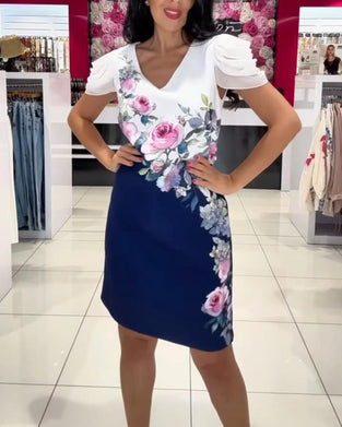 Kleid Puffärmel V-Ausschnitt Rose Blume
