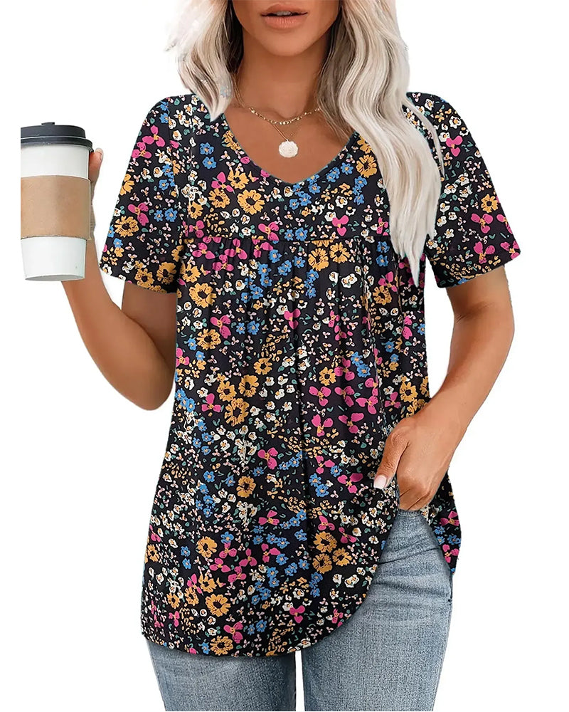 Bluse Blumenmuster V-Ausschnitt Kurzarm