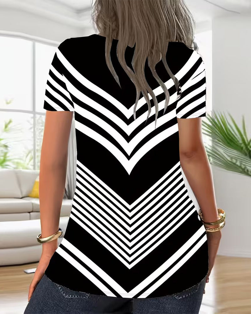 T-Shirt Reißverschluss V-Ausschnitt Gestreift