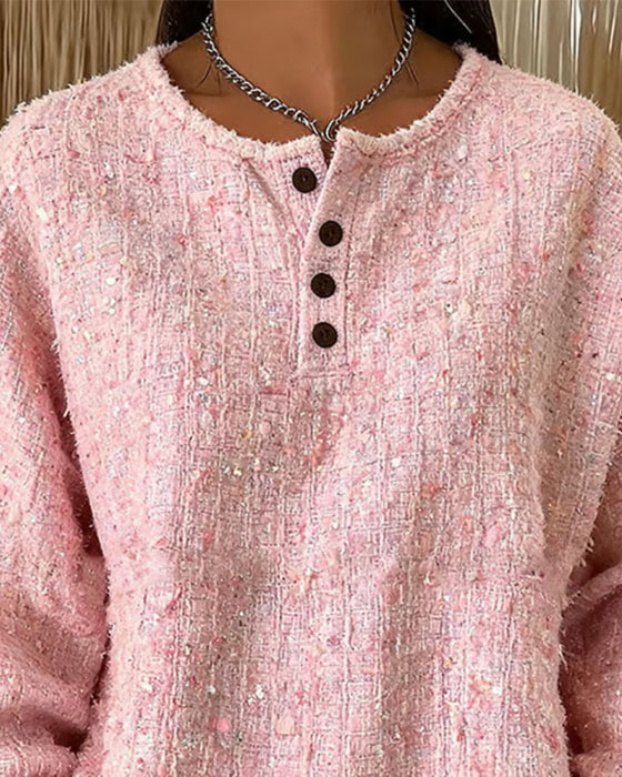 Sweatshirt Tweed Henley-Kragen Knopfleiste