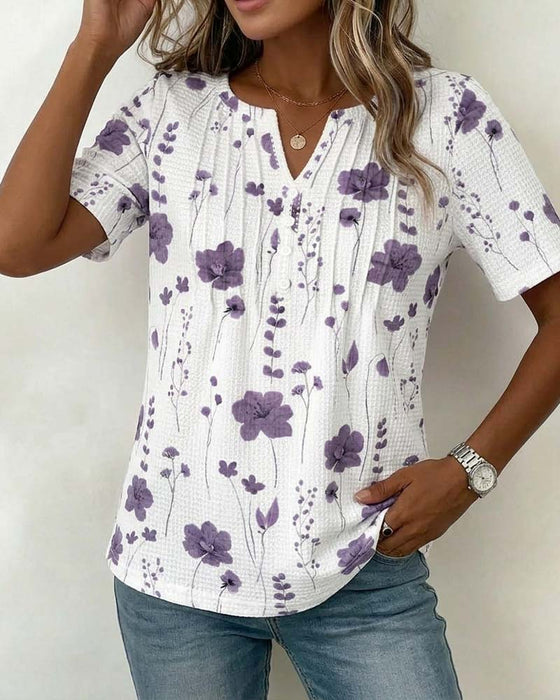 T-Shirt Waffel V-Ausschnitt Blumen