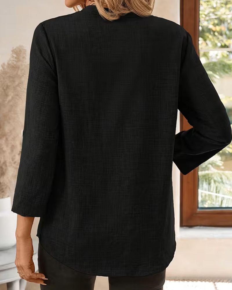 Bluse V-Ausschnitt Einfarbig Langarm Tasche