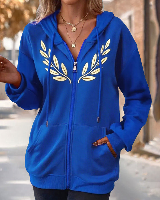 Sweatshirt Mit Reißverschluss Und Blattmuster