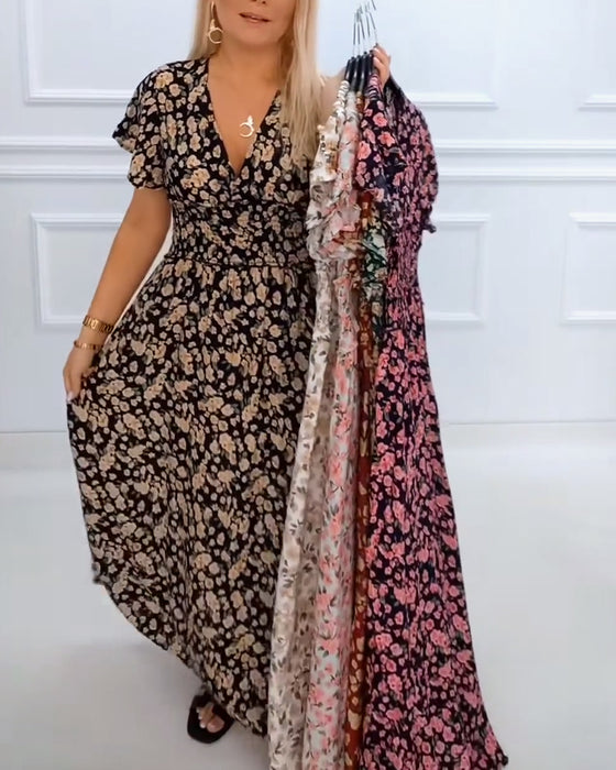 Kleid lässig Blumendruck V-Ausschnitt