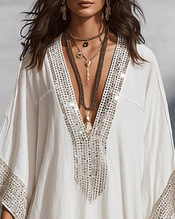 Kleid Tiefer V-Ausschnitt Urlaub Mode Loose Fit