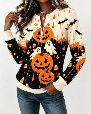 Sweatshirts Reißverschluss Langarm Kürbis Print