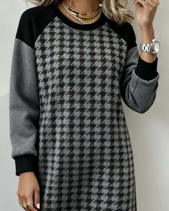 Kleid runder Ausschnitt Hahnentritt Farbblockung