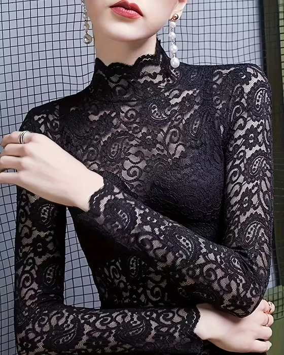 Top Elegant Unifarben Halbausschnitt Langarm Spitze