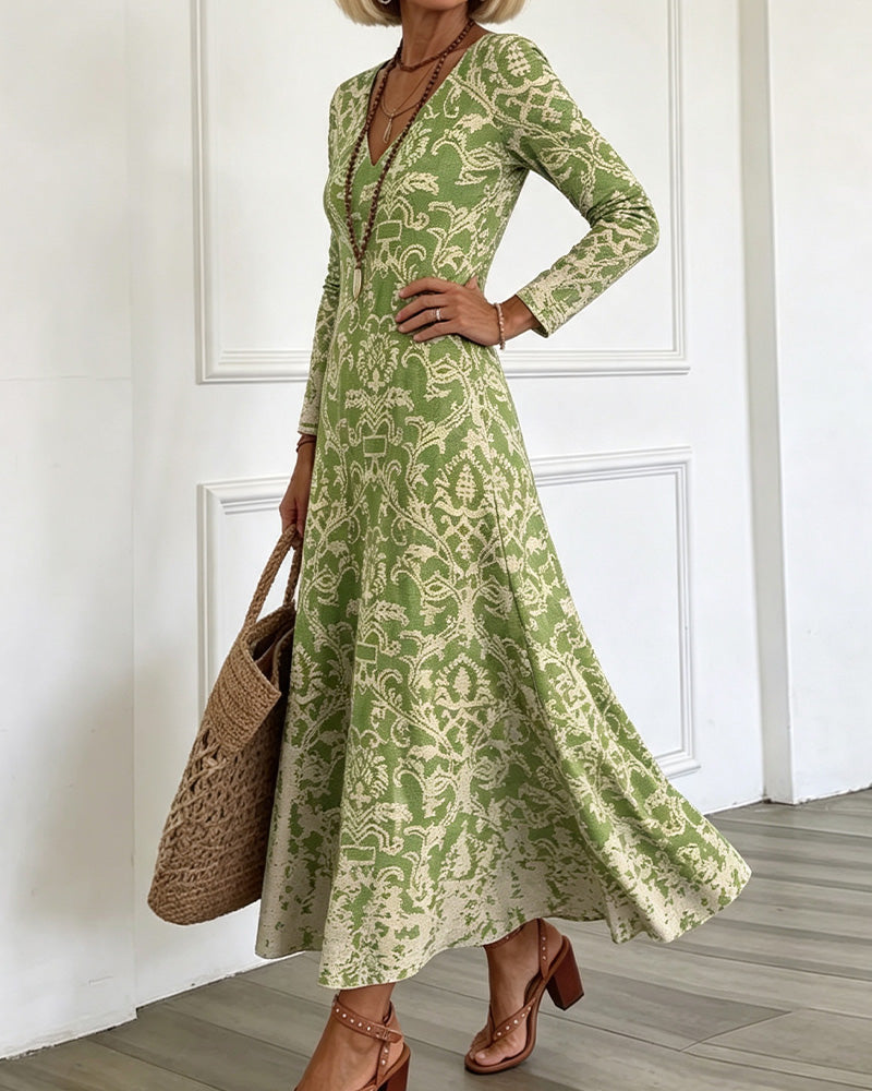 Kleid V-Ausschnitt A-Linie Langarm Maxi