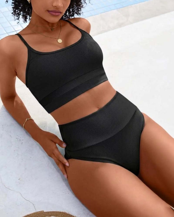 Bikini Unifarben U Ausschnitt Hohe Taille