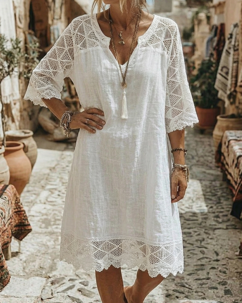 Kleid V-Ausschnitt Spitze Patchwork Lässig