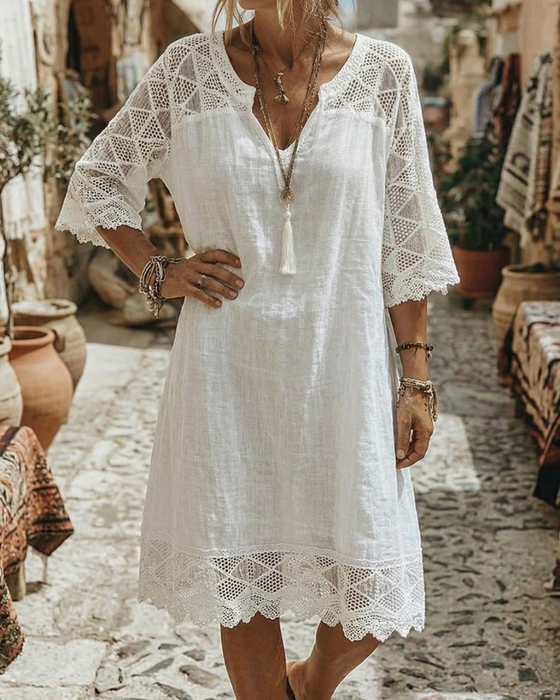 Kleid V-Ausschnitt Spitze Patchwork Lässig