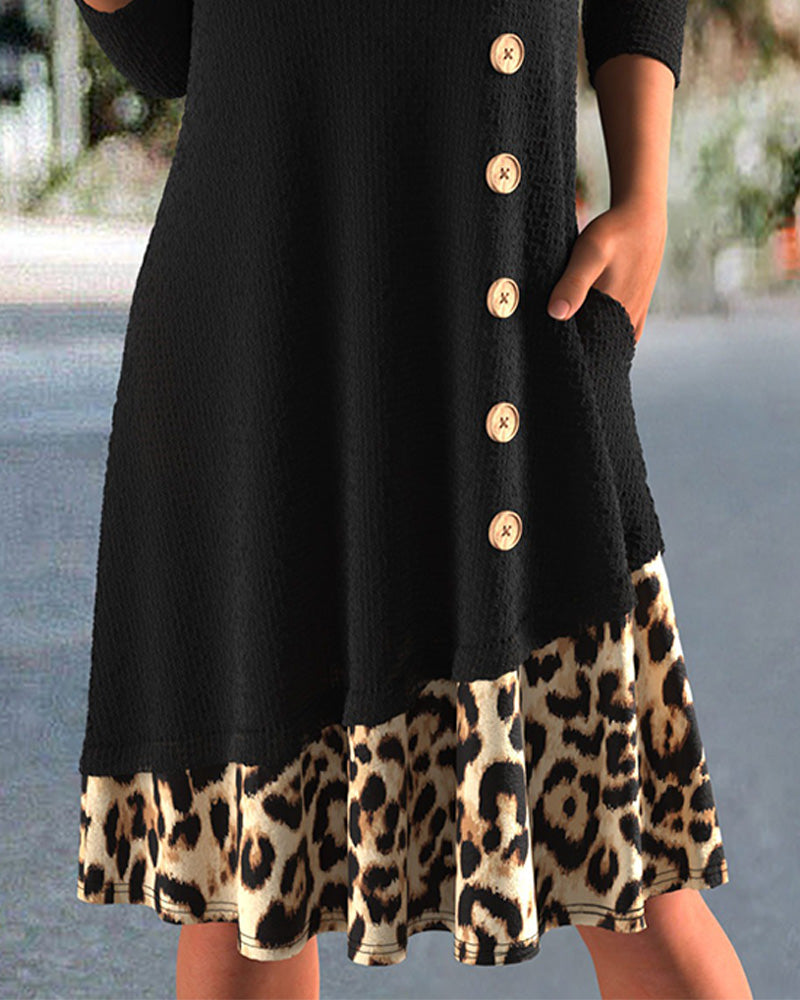 Kleid V-Ausschnitt Leopard Kreuz Patchwork