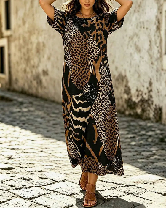 Kleid Rundhals Halbarm Leopardenmuster Ausgestellt