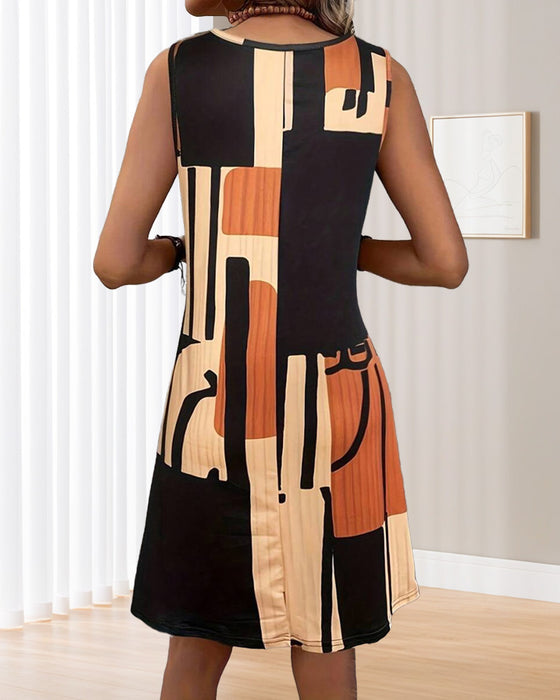 Kleid Ärmlos Rundhals-Ausschnitt Retro-Print