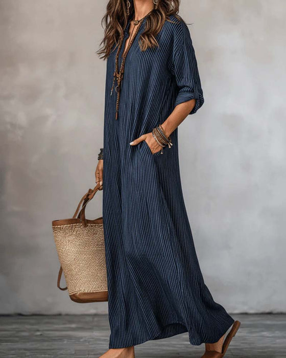 Kleid V-Ausschnitt Gestreift Mock Neck