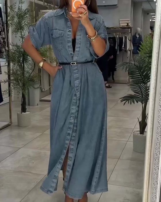 Kleid Hemd Kragen Tasche Knopf Denim