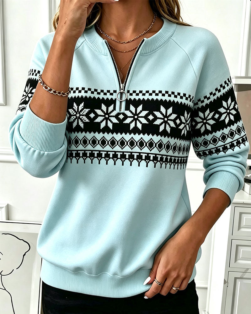 Sweatshirt Schneeflocke Bedruckt Halb-Zip