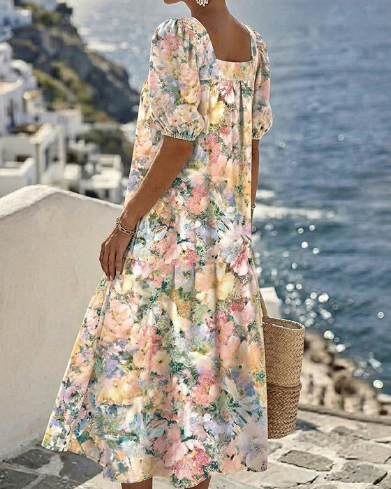 Kleid Bedruckt Quadratischer Ausschnitt Puffärmel