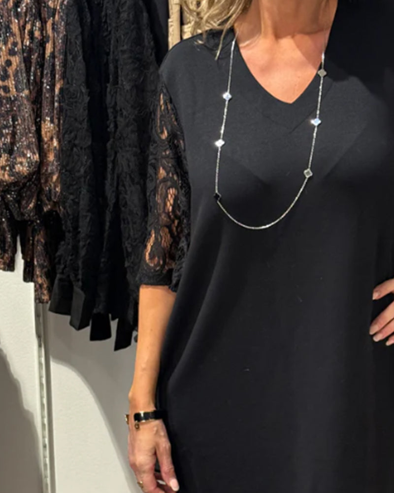 Kleid Stilvoller V-Ausschnitt Kleid Mit Spitzenärmeln