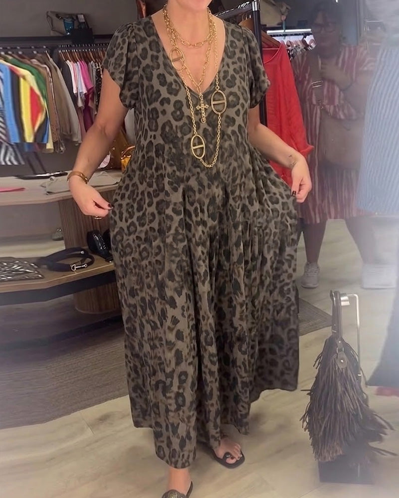 Kleid V-Ausschnitt Leopard Kurzarm