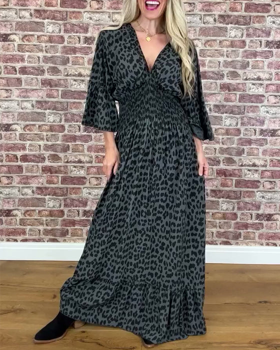 Kleid V-Ausschnitt Taille Leopardenmuster