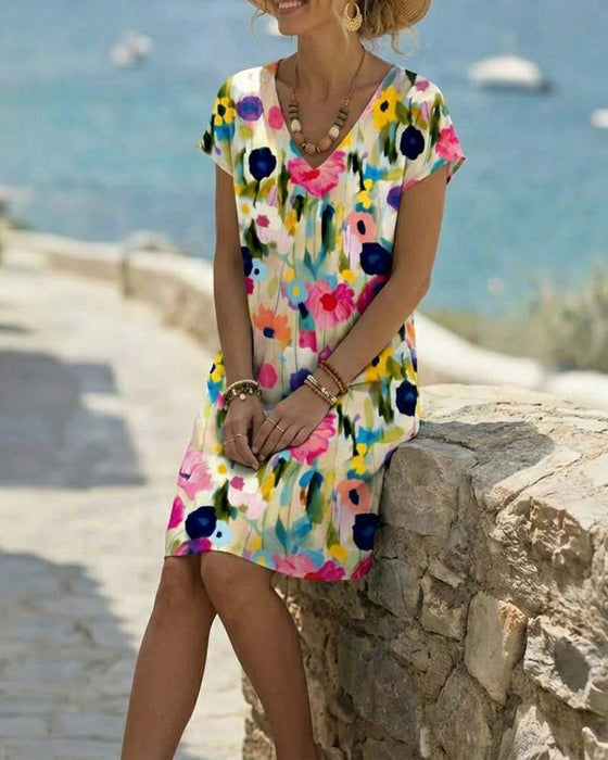 Kleid Ölgemälde Blumenprint Kurzarm