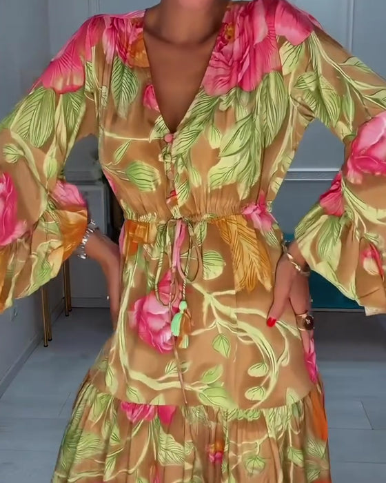Kleid V-Ausschnitt Weiter Rock Blumen