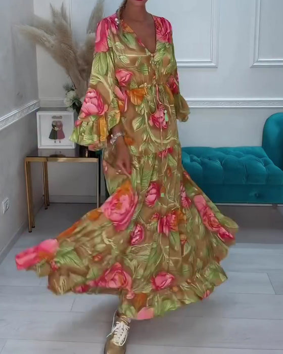 Kleid V-Ausschnitt Weiter Rock Blumen