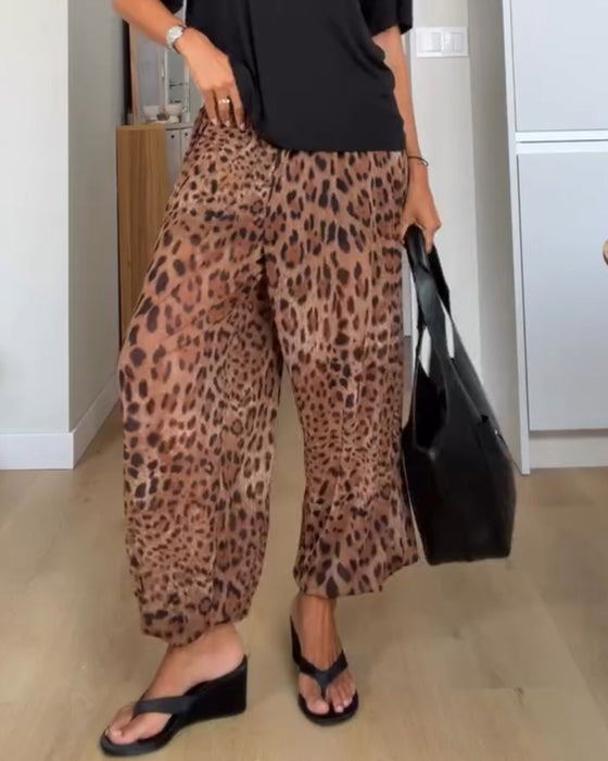 Hose Elastische Taille Leopard Druck Weites Bein Lang