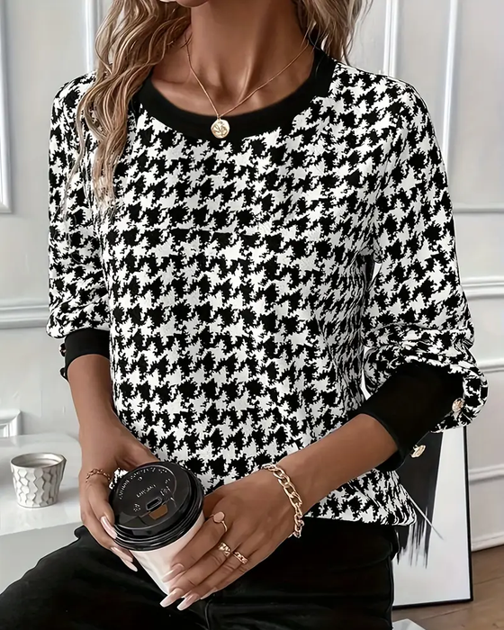 T-Shirt Mit Klassischem Stil, Houndstooth-Muster, Farbblock-Panels
